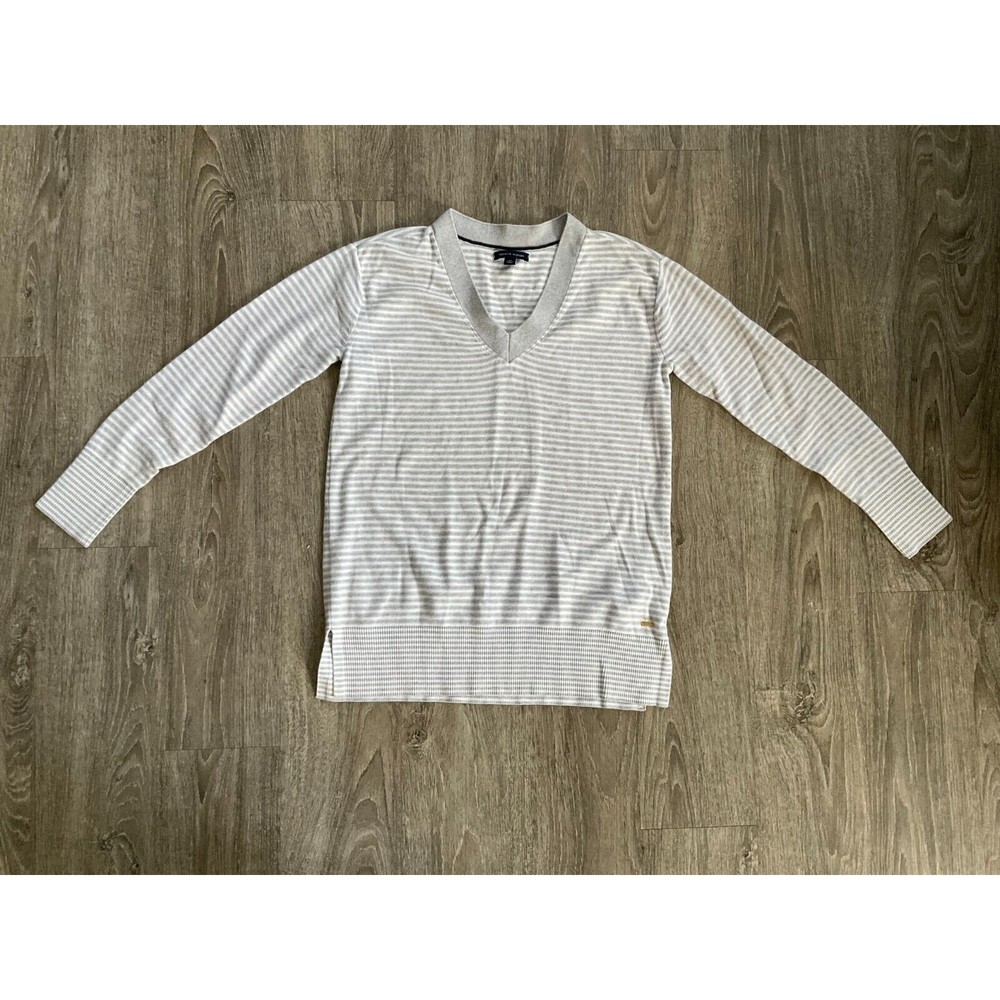 Tommy Hilfiger Women's Sweater Small Vneck Grey White Striped